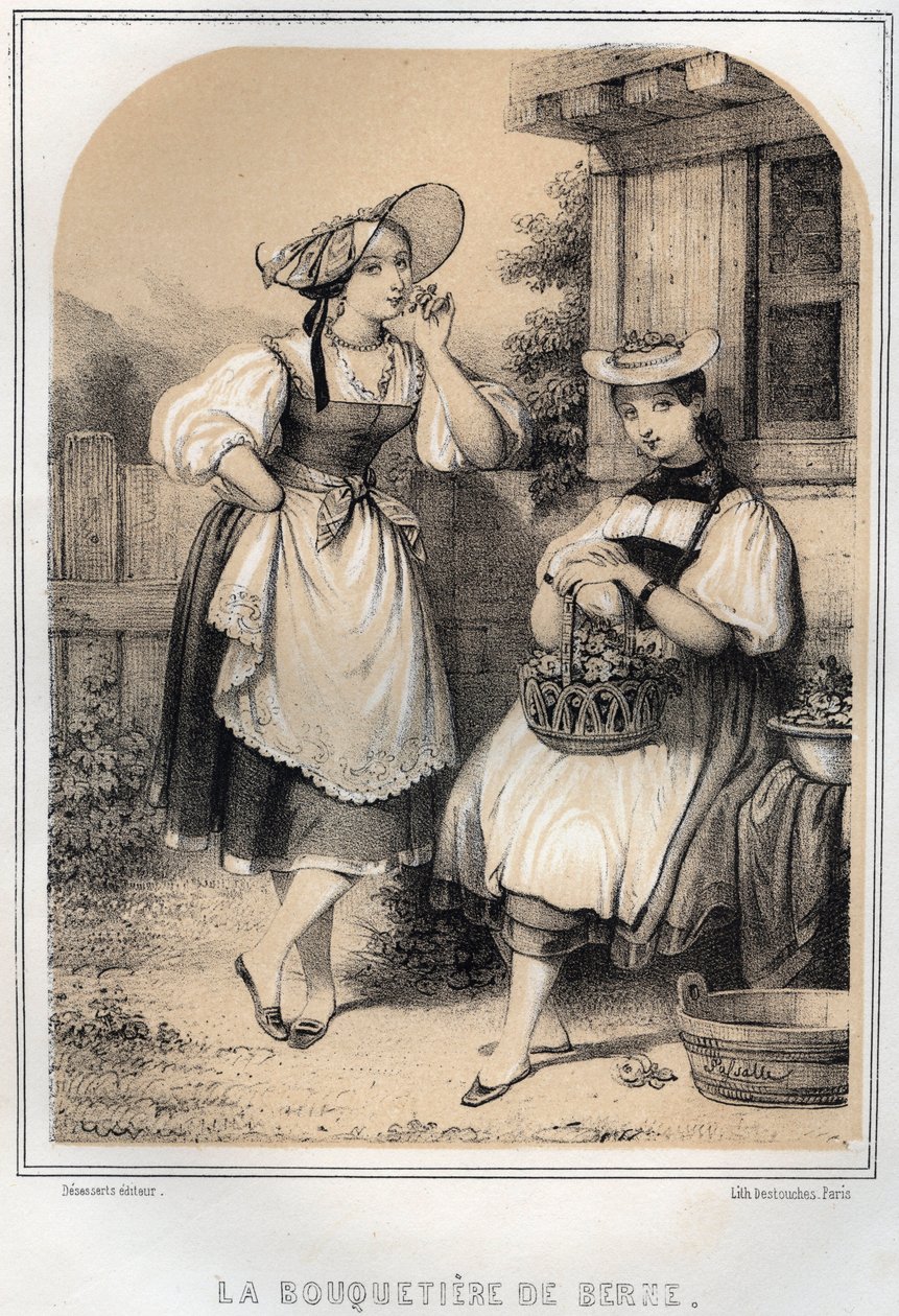 Sveitsiske kostymer - Berns steinbukk - gravering i "THE SOURIS DE MON ONCLE MEMORIES ET RECITS DE Voyages" av MORING MICHEL - Slutten av 1800-tallet av French School