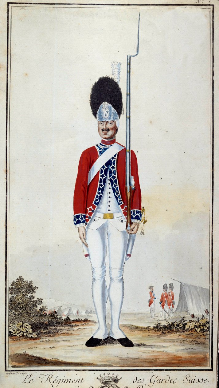 SwissGuard. Plate 16 i ""Kompendium av militæruniformer av franske tropper under Louis XVI"" Litografi av 1779. Mål 0,23x0,16 m. Paris, hærmuseet av French School