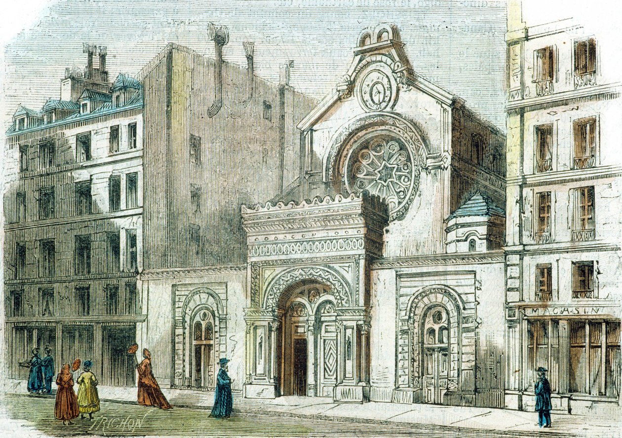 Synagoge på Rue de la Victoire, Paris, ca. 1880 (fargegravering) av French School