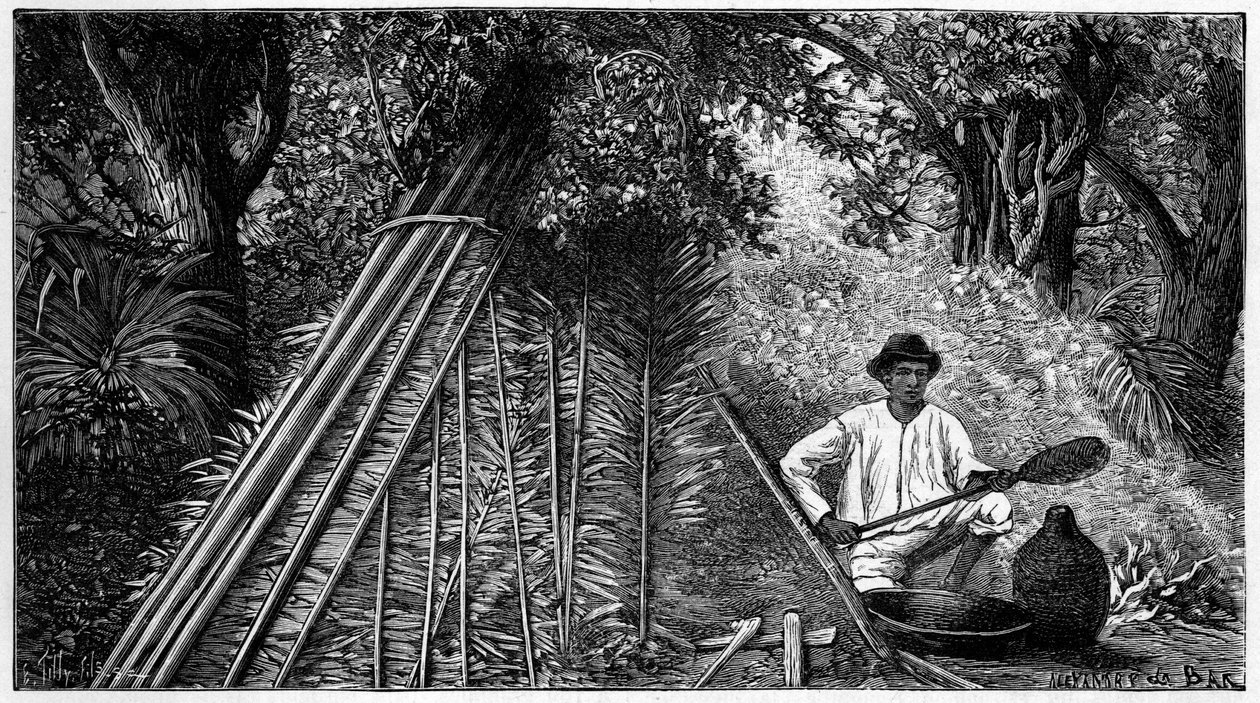 Syringuero engaged in smoking latex forming rubber. 1898 engraving. av French School