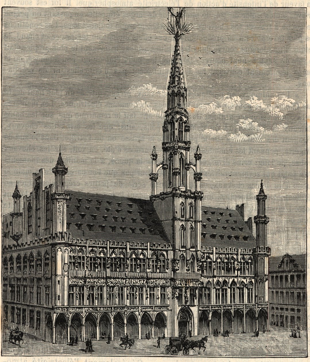 System med lynavledere ved rådhuset i Brussel på 1800-tallet - Gravering i "Vitenskaper tilgjengelig for alle - Populær fysikk og kjemi" av Alexis Clerc - Slutten av 1800-tallet - Privat samling av French School