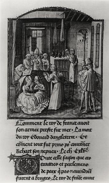 T.2 Fol.111 The Death of Edward III, King of England at Shene Castle, from Froissarts Chronicle, sent 15th century (vellum) (s/hv foto) av French School