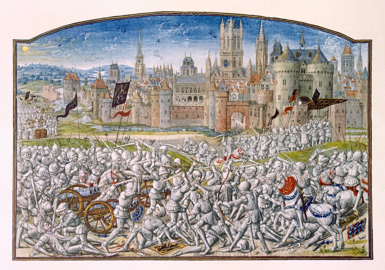 T.2 fol.287 Seier for innbyggerne i Gent ledet av Philipp van Artevelde før Brugge i 1381, fra Froissarts Chronicle, 1472 av French School