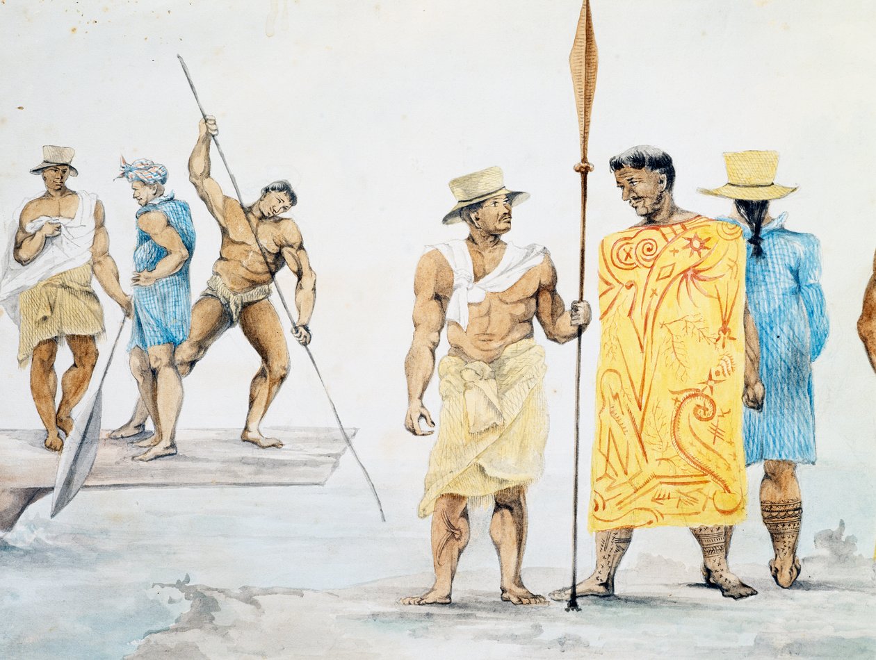 Tahitianske høvdinger ombord på Coquille, design av Jules-Louis Lejeune, basert på Reise rundt i verden av French School
