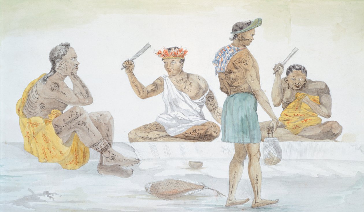 Tahitiske tøyslagere, av LF Lejeune fra Reisen til Louis I Duperrey (1822-1825), Polynesia 1800-tallet akvarell av French School