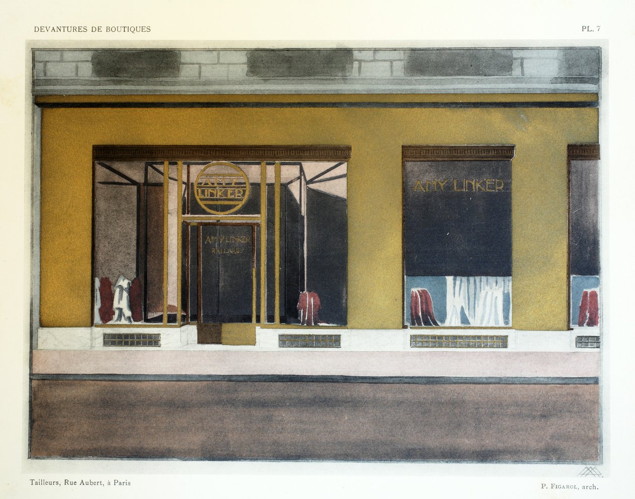 Tailors, Plate 7, illustrasjon fra Devantures de Boutiques av Louis-Pierre Sezille, Paris, 1927 av French School