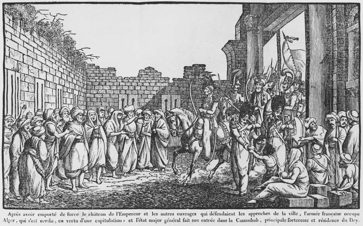 Tar av Alger, fransk hær på vei inn i kasbahen, illustrasjon fra en populær almanakk, 1831 av French School