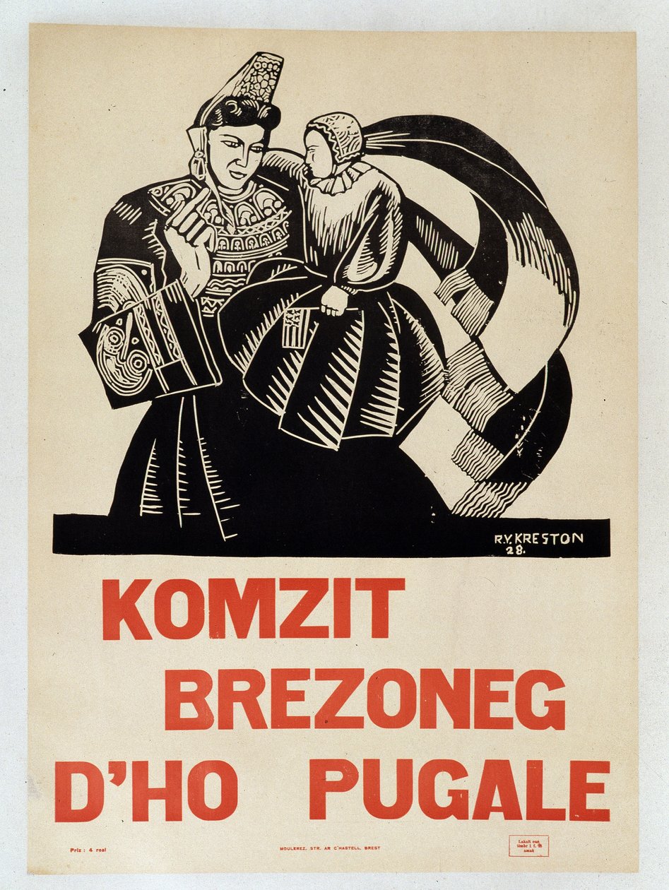 Snakk bretonsk med barna dine - Plakat med propaganda på bretonsk som oppmuntrer bretonere til å bevare sitt regionale språk av French School