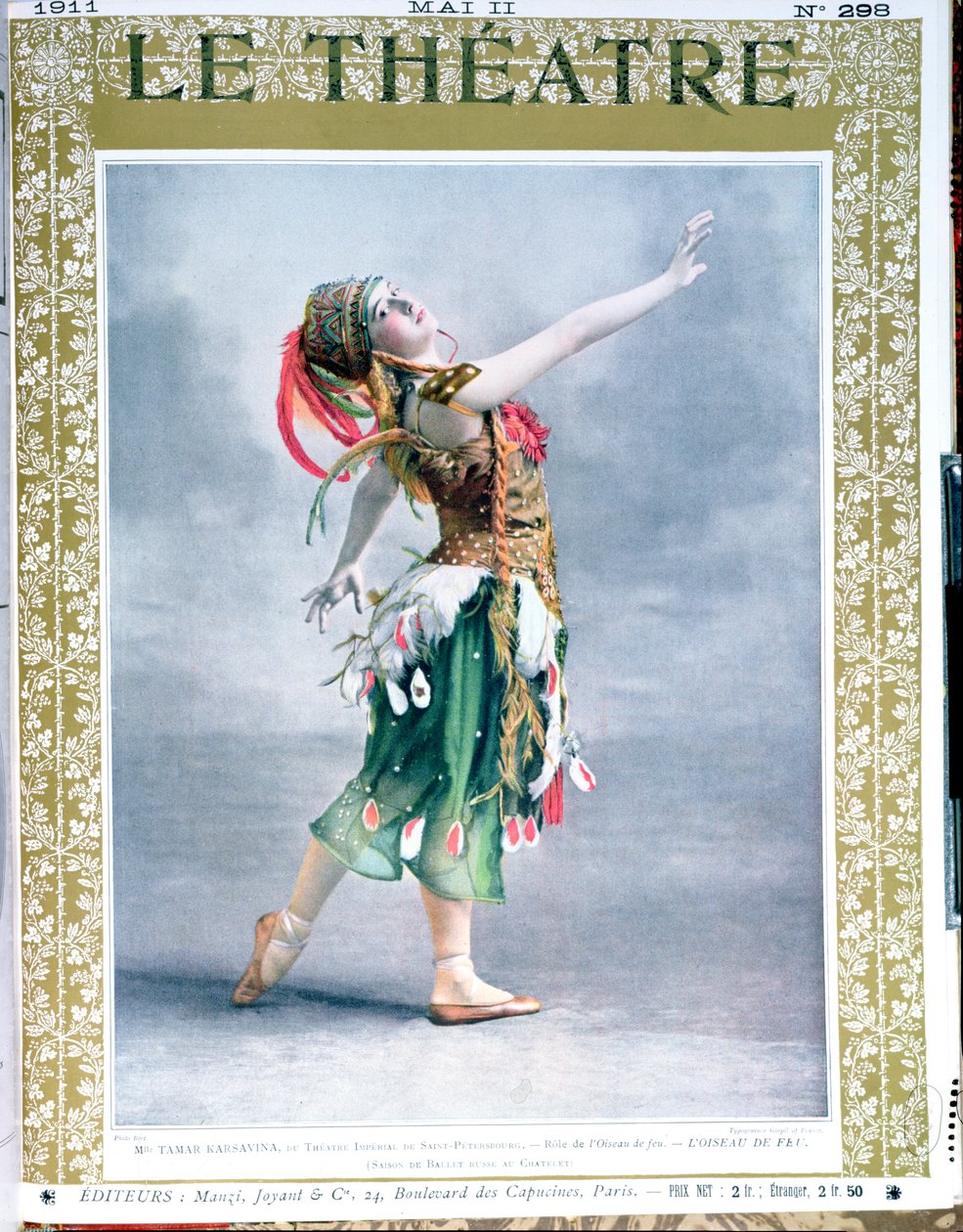 Tamara Platnovna Karsavina (1885-1978) som Ildfuglen av Igor Stravinsky (1882-1971) fra forsiden av magasinet Le Theatre, mai 1911 av French School