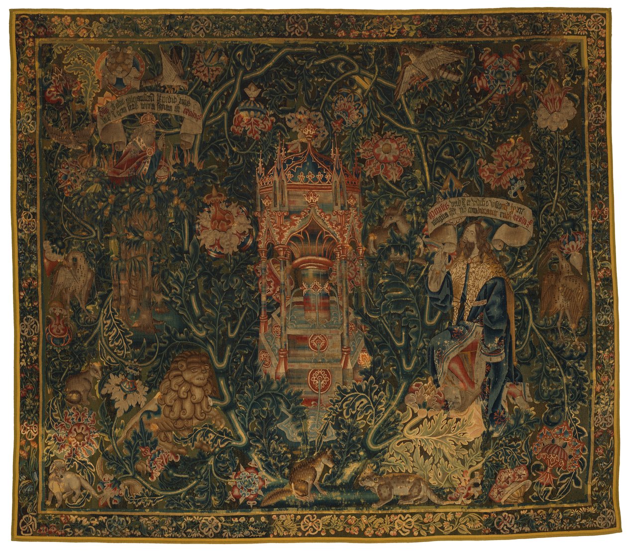 Gobelin, Gud Faderen som viser seg for Moses (en av et sett på seks sibyller som omfatter 46.134 til 46.139) kalt 'Rothamsted-teppet', laget i Flandern, Tournei eller Brussel, Belgia, ca. 1530 (ull) av French School