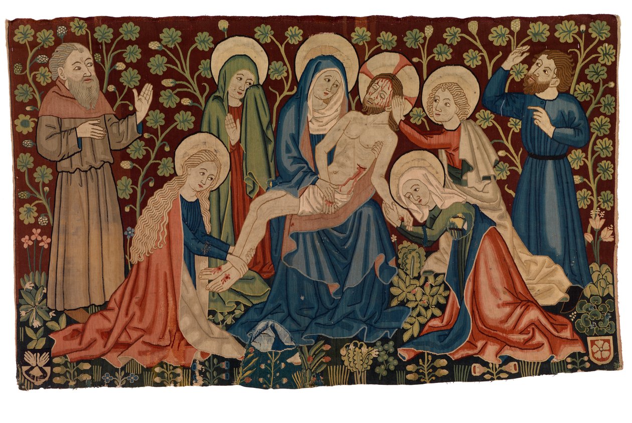 Tapestry antependium med Lamentation over the Dead Christ 'Pieta', fra Strasbourg, ca. 1450-60 (ull, silke og muligens lin) av French School