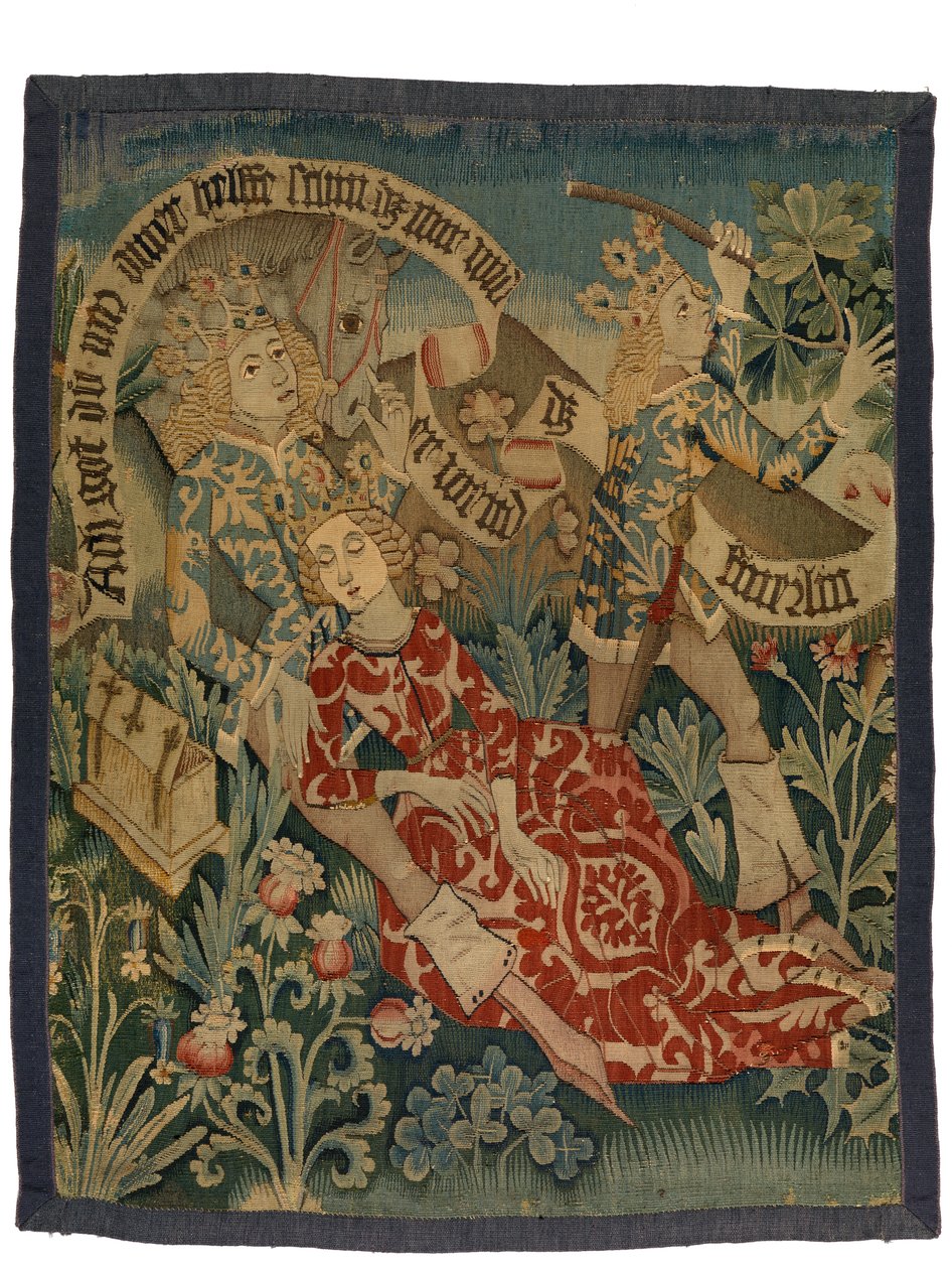 Tapet som viser to scener fra Der Busant 'The Buzzard', fra Alsace, ca. 1475-1500 (ull, silke og metalltråder) av French School