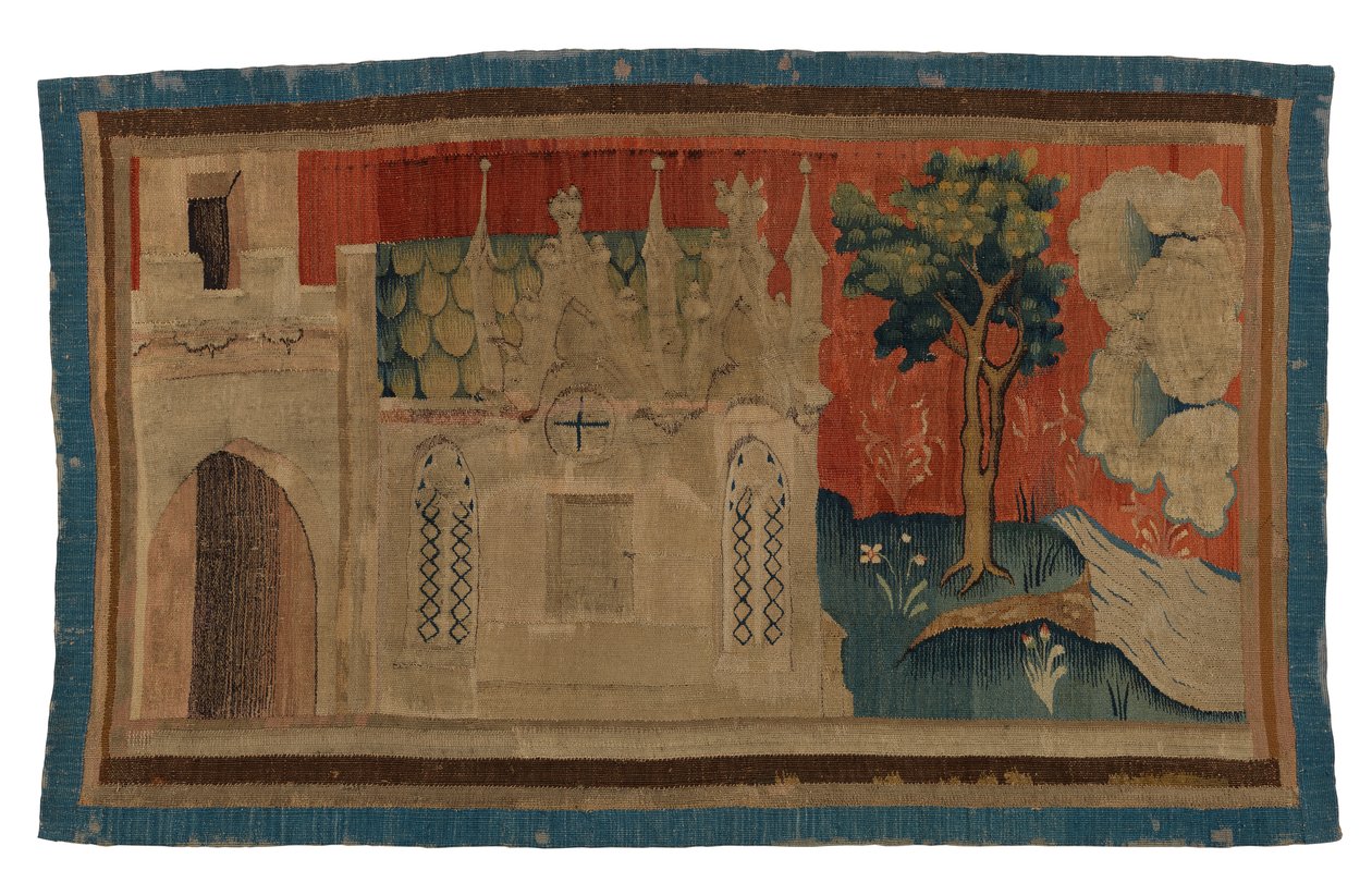 Tapetfragment som viser gotisk kirke i landskap, fra Apocalypse of Angers av French School
