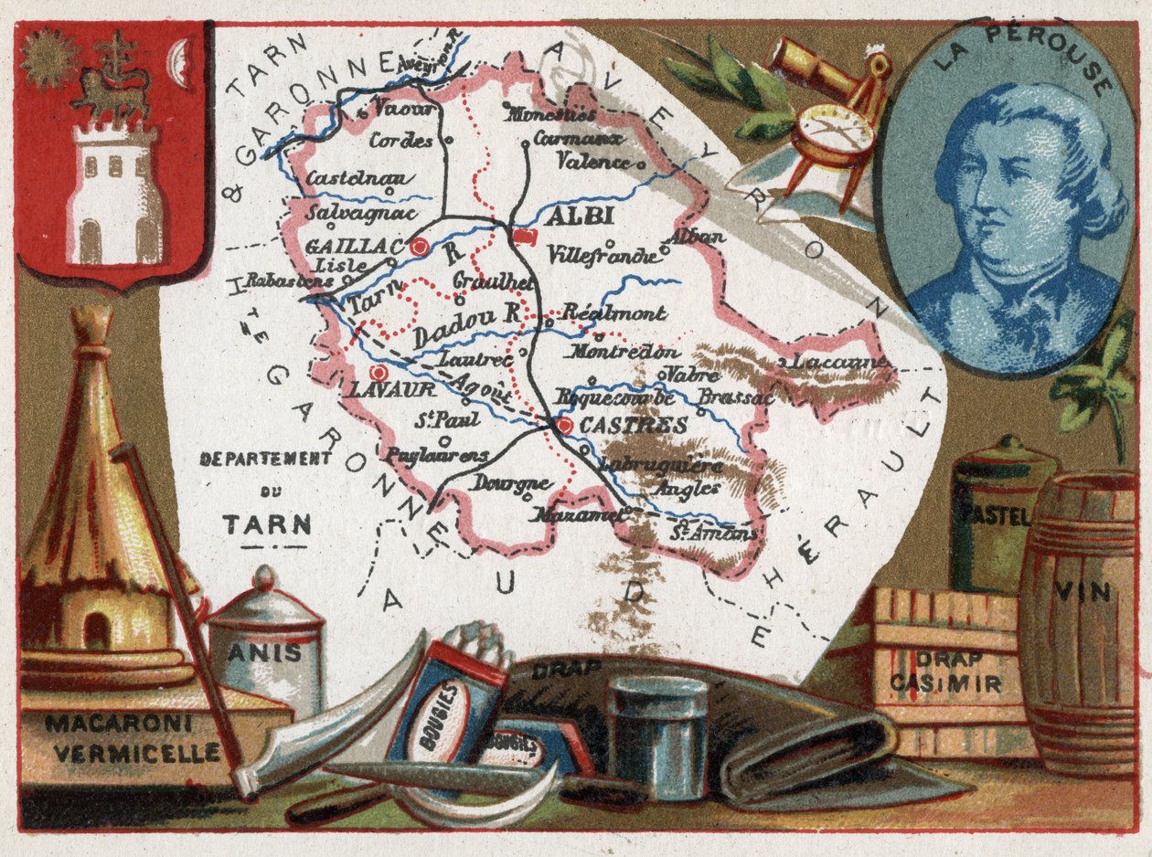 Tarn (81), Midi Pyrenees (Midi-Pyrénées), Frankrike. Makaroni og vermicelli, anis, stearinlys, sengetøy, pastell og vin. Portrett av Jean Francois de Galaup, greve av La Perouse (1741-?), sjøoffiser. Serie om de franske avdelingene. Kromolitografi (C av French School