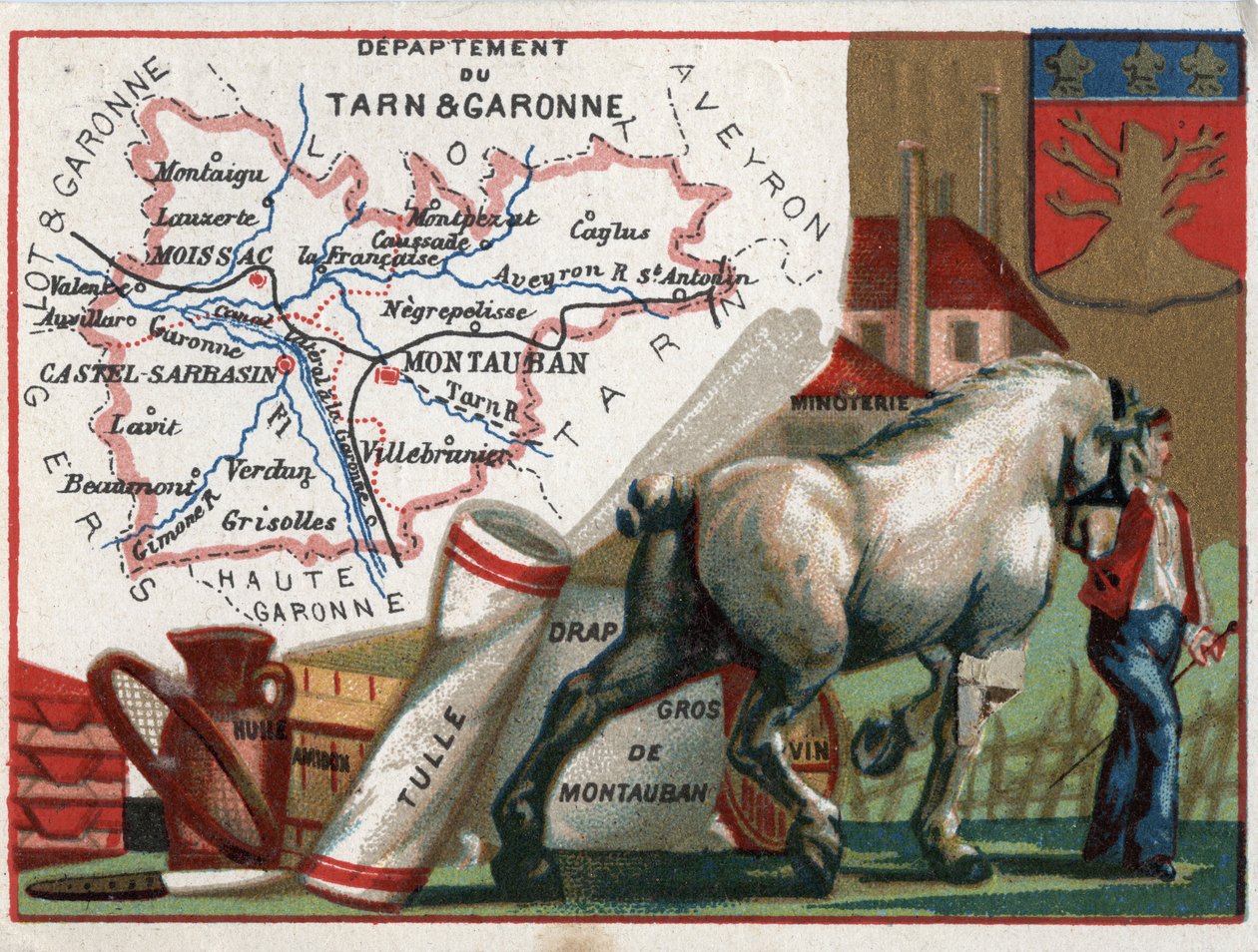 Tarn et Garonne (Tarn-et-Garonne, 82), Midi-Pyrenees (Midi Pyrenees), France. Local speciality: oil, starch, tulle, wholesale Montauban sheet, wine and flour mill. Series on the French Departments. Chromolithography (Chromo) “” the geographic thread””, cir av French School