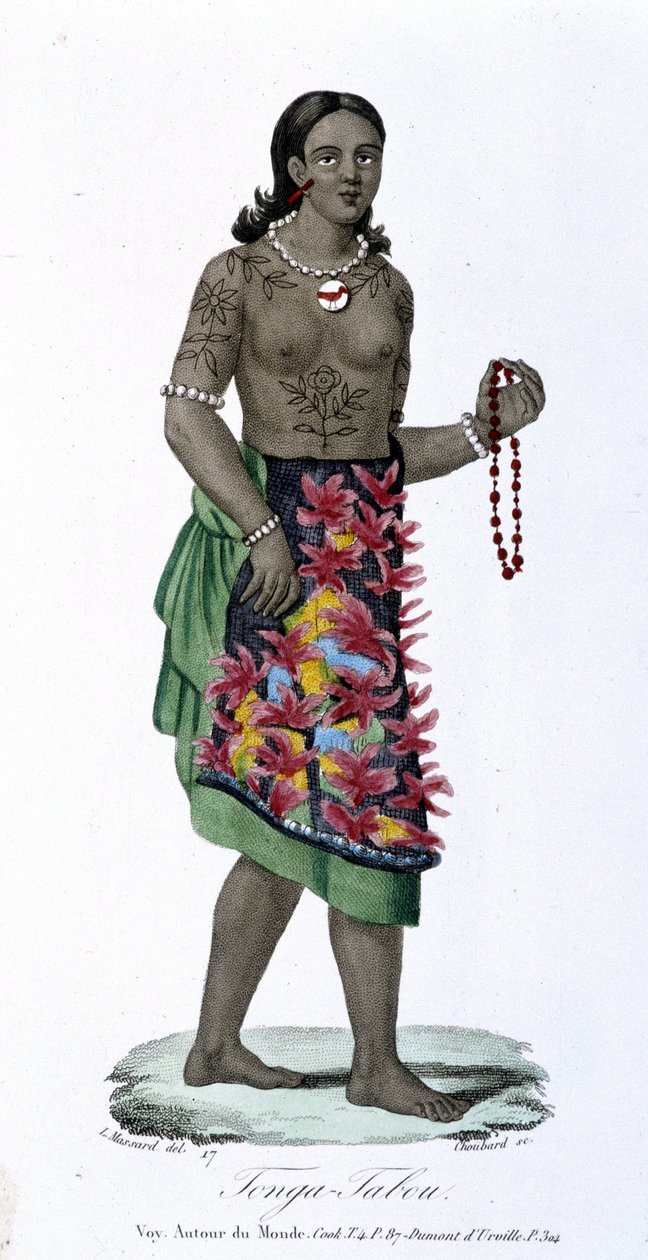 Tatovert kvinne fra Tonga-Tabou - i "" Bibliotheque universelle des voyages"" av Albert-Montémont, red. Armand-Aubree, vol.17 av French School