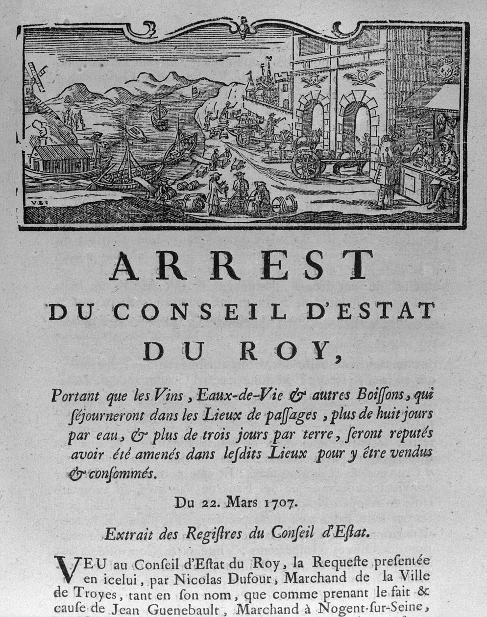 Skattekontoret ved inngangen til en by for vin og brennevin, dekret fra statsrådet 22. mars 1707, fra registrene til statsrådet i Paris, 1739 (se 163952 for av French School