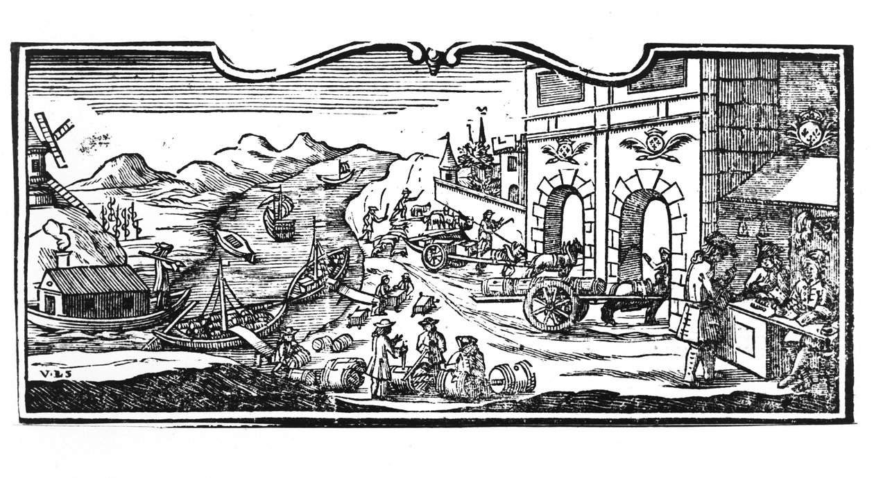 Skattekontoret ved inngangen til en by for vin og brennevin, dekret fra statsrådet 22. mars 1707, fra registrene til statsrådet i Paris, 1739 (detaljer) (se en av French School