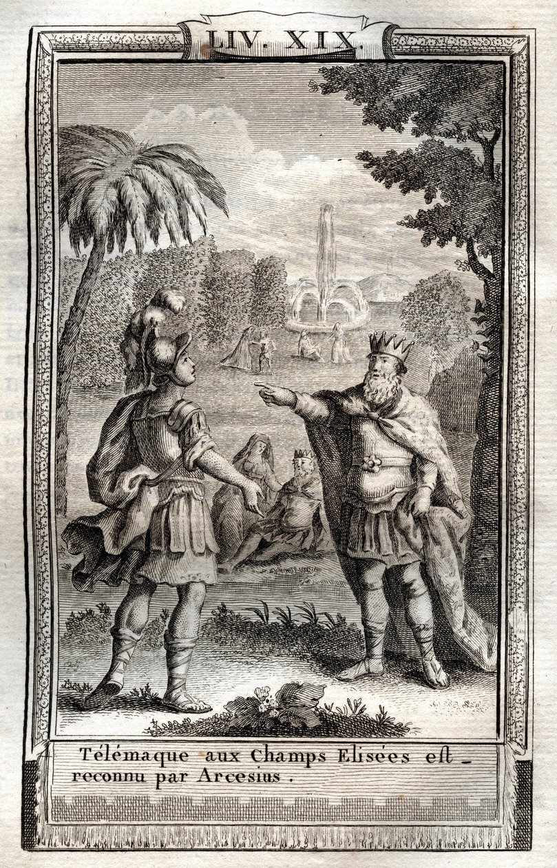 At Telemaque er på Champs Elisees er anerkjent av Arcesius - gravering av 1798 etter Monnet i "Les Aventures de Telemaque, fils d