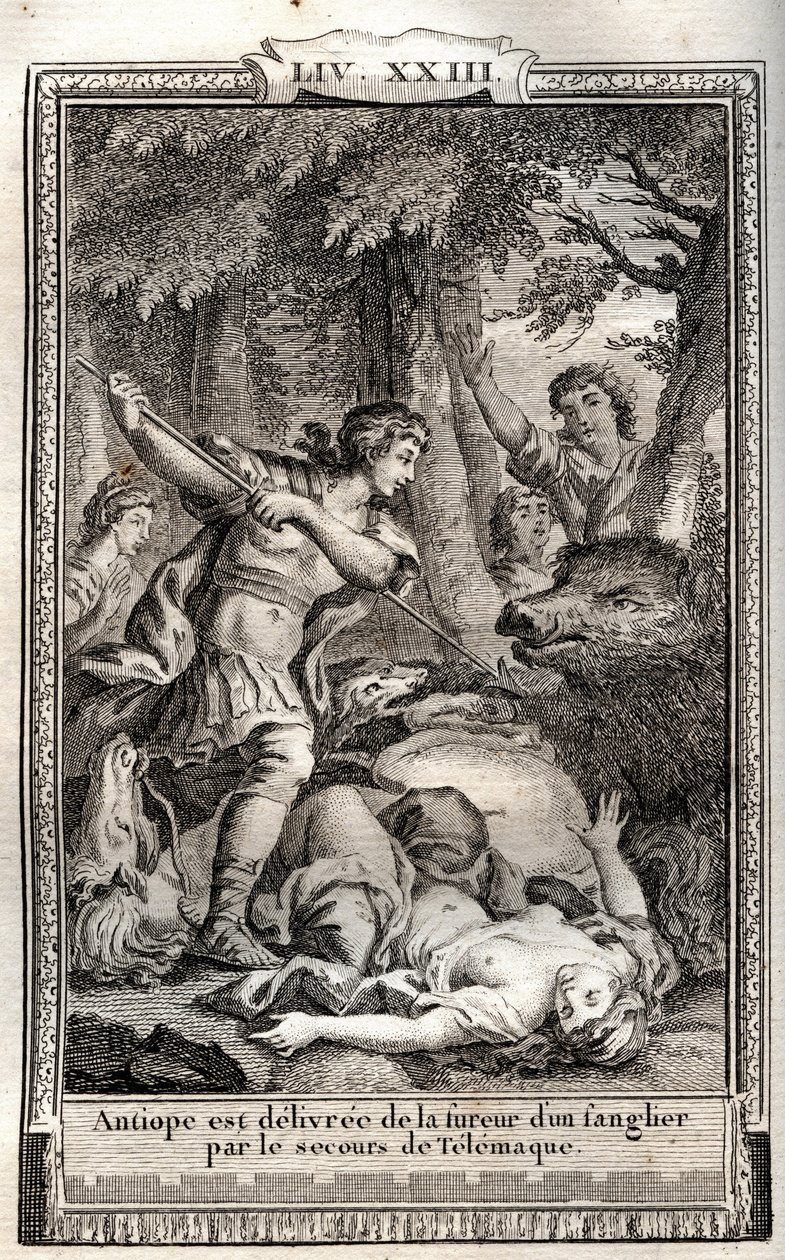 Telemaque leverer Antiope fra et villsvin - gravering av 1798 av Monnet i "Les Aventures de Telemaque, fils d