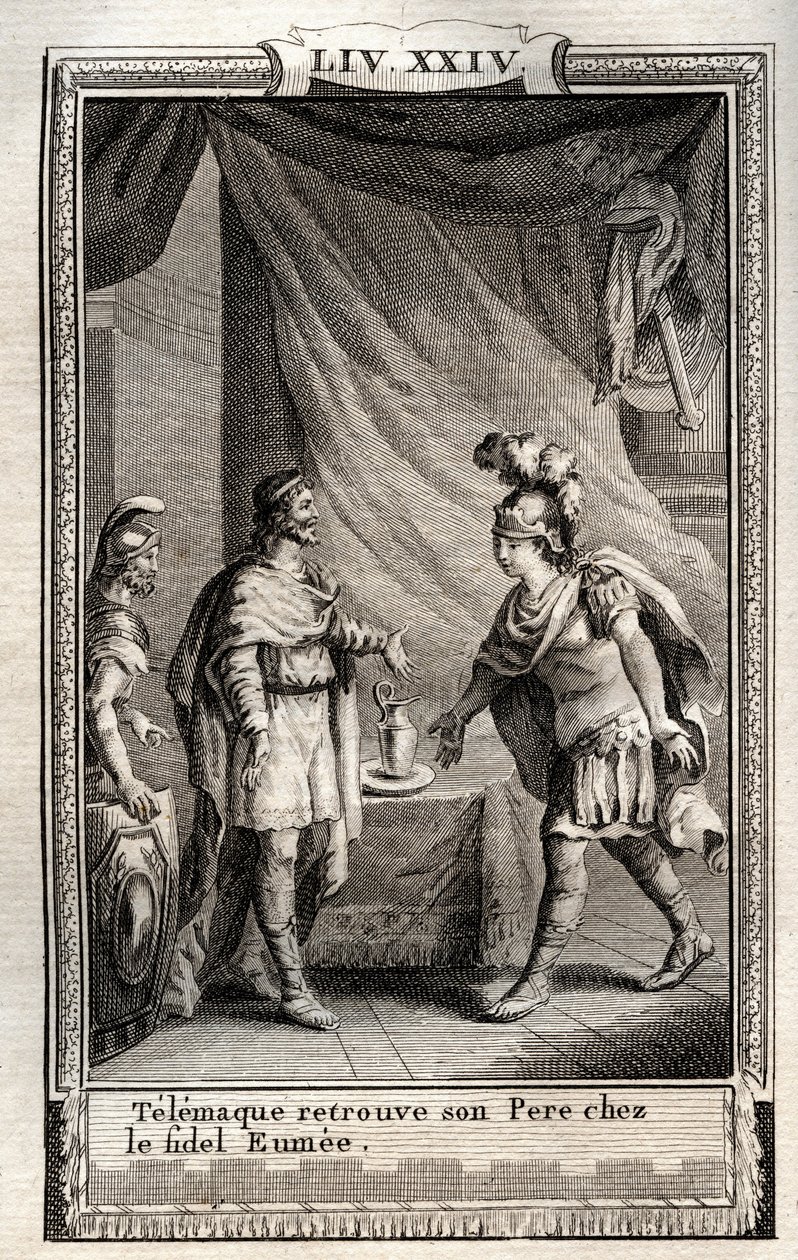 Telemaque finner Ulisse - gravering fra 1798 av Monnet i "Les Aventures de Telemaque, fils d