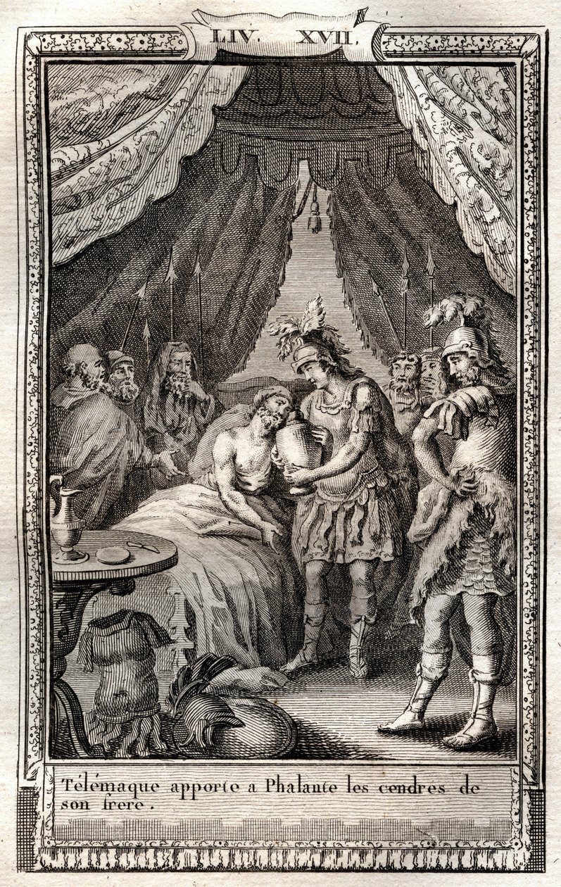 Telemaque tar seg av Phalantes sår og bringer ham asken til broren hans - gravering av 1798 etter Monnet i "Les Aventures de Telemaque, fils d'Ulysse" (Telemachos eventyr) av Francois de Salignac de La Mothe-Fenelon dit Fenelon - av French School