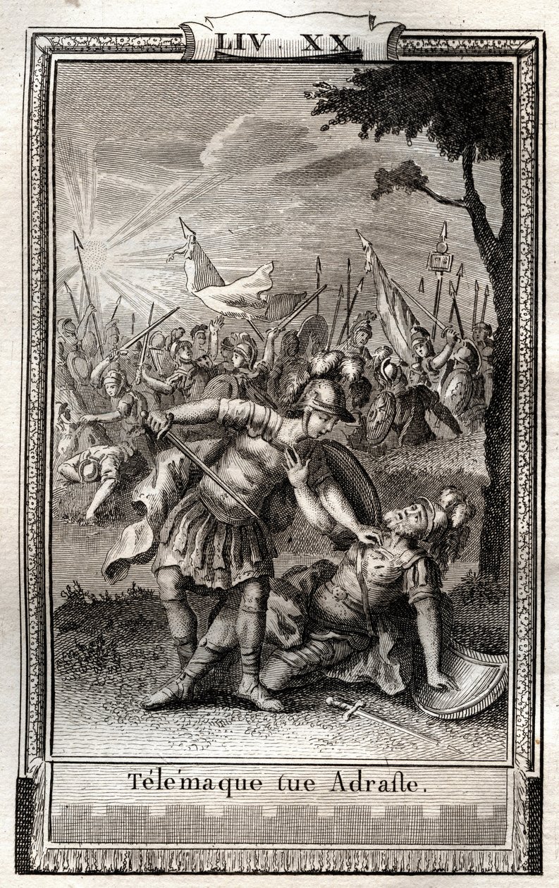 Telemaque dreper Adraste - gravering av 1798 av Monnet i "Les Aventures de Telemaque, fils d'Ulysse" (The Adventures of Telemachus) av Francois de Salignac de La Mothe-Fenelon dit Fenelon - av French School