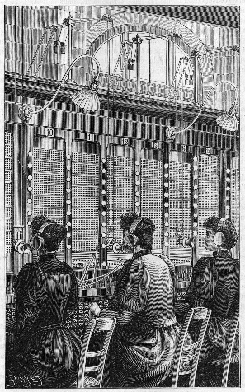 Telephone office (central telephonique - standard telephonique) of rue Gutenberg in Paris in 1895. Multiple table section of 240 subscribers served by 3 telephonists. av French School