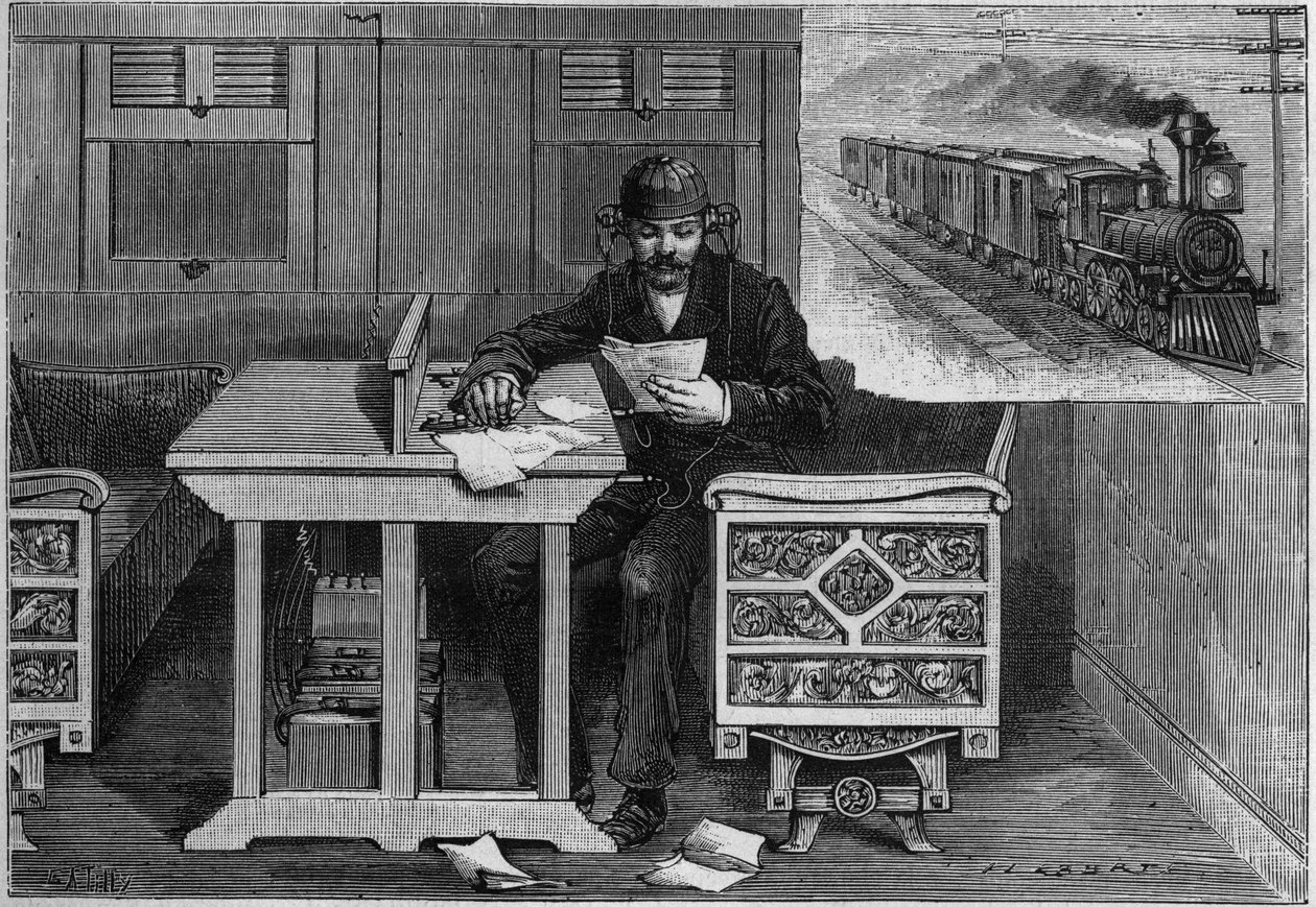 Telefonisk kommunikasjon av kjørende tog, Thomas Edison-systemet (1847-1931): en ansatt utstyrt med telefonapparater som mottar en tale inne i en bil i bevegelse. Gravering i "" La Nature. Revue des sciences et de ses applications aux arts et a l