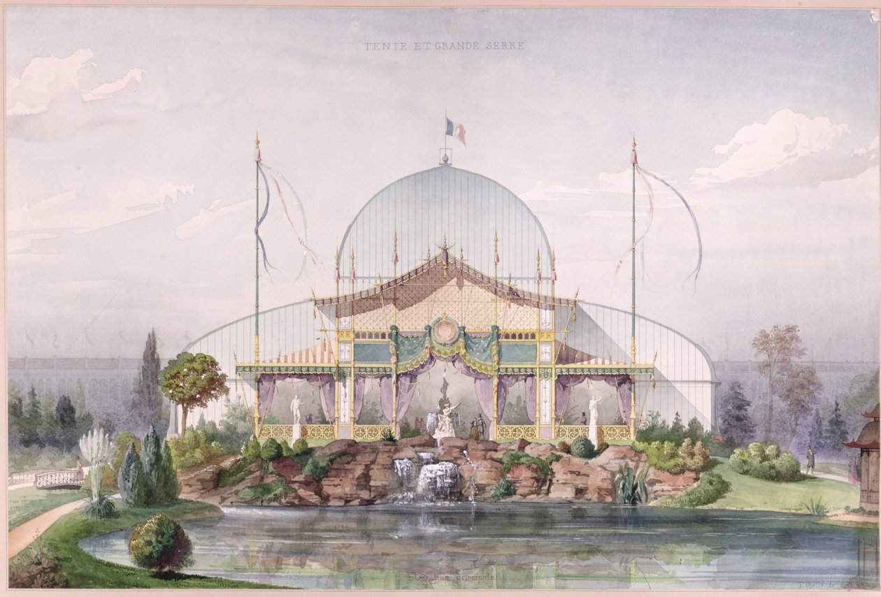 Telt og stort glasshus i hagen til verdensutstillingen i Paris i 1867 (akvarell på papir) av French School