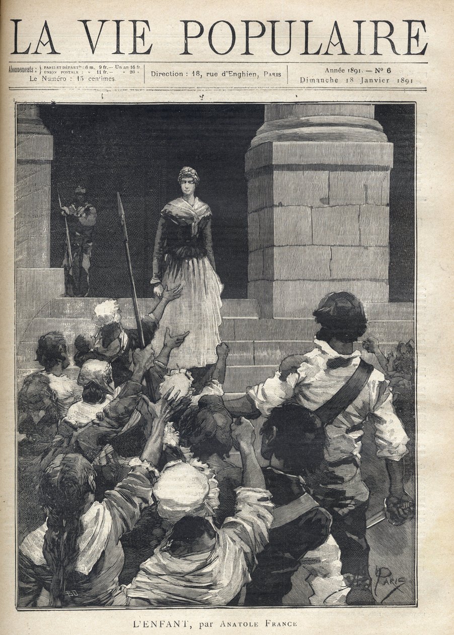 Terror during the French Revolution (1793): a young woman descends the steps of a revolutionary court in front of an angry crowd threatening her. Illustration for “” L