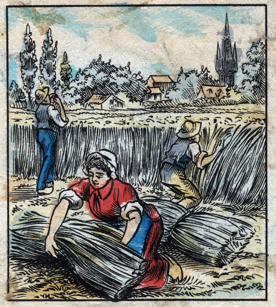 Textile, flax: agriculture. Collects linen that is assembled in a boot to be dry. Engraving. Epinal imaging late 19th century. av French School