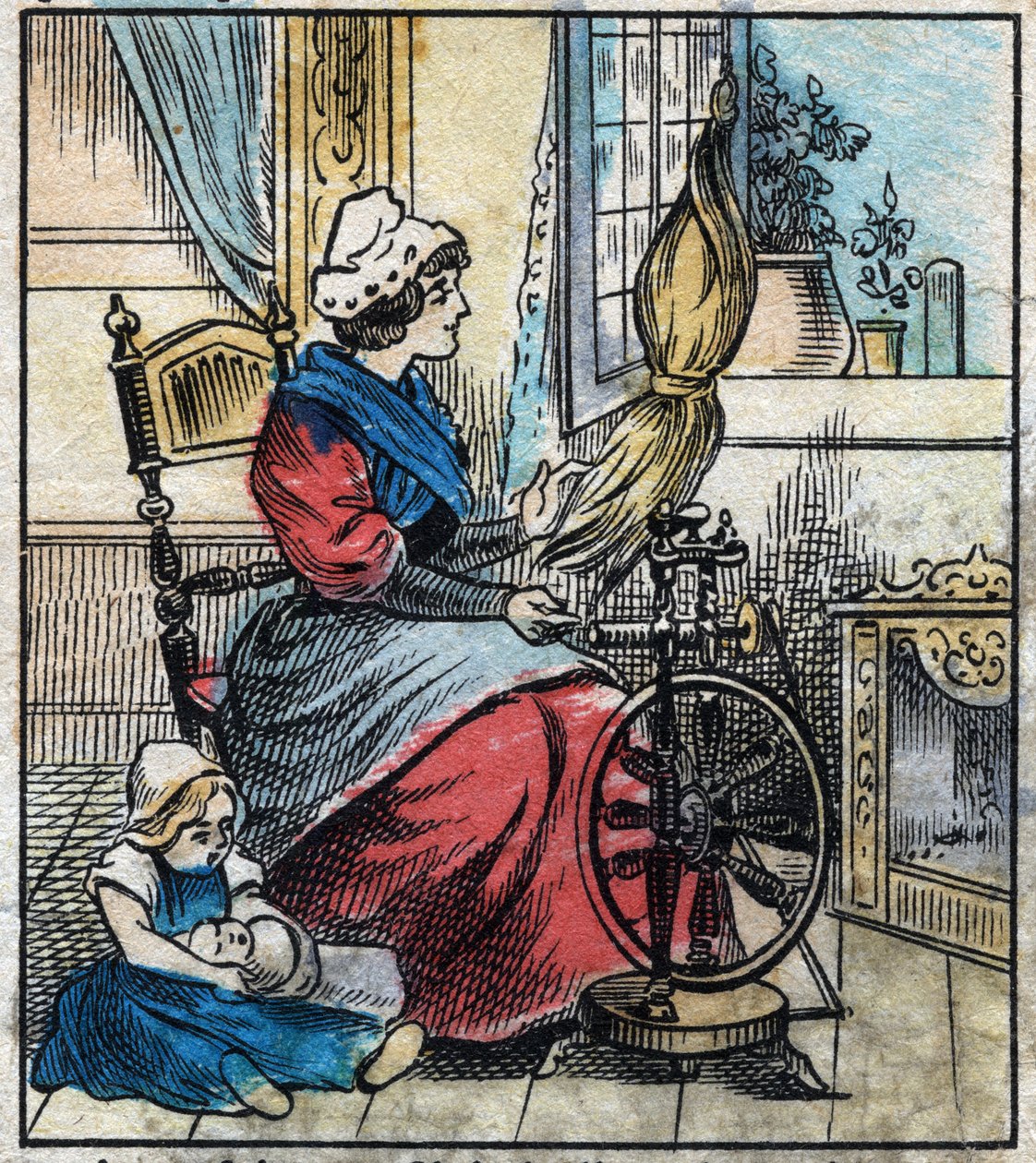 Textile, linen. A woman uses a mechanical spinning wheel to spun linen. Engraving. Epinal imaging late 19th century. av French School