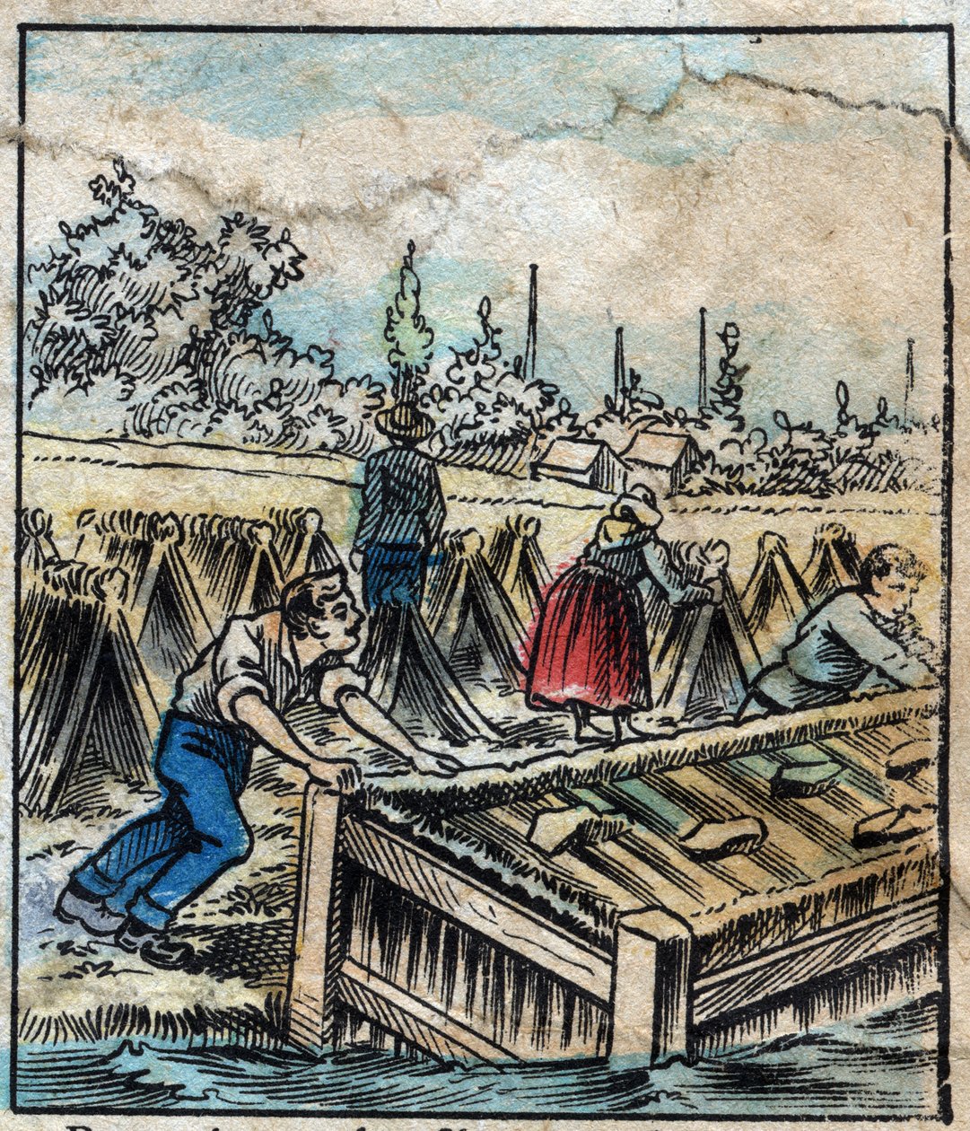 Tekstil, lin. Linrust: For å skille stråfilamenter dyppes linstøvler i vann. Gravering. Epinal avbildning sent på 1800-tallet. av French School