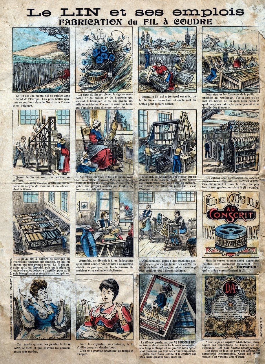 Textile, linen. The steps of sewing, manufacturing, use and marketing flax to make sewing thread. Engraving. Epinal imaging late 19th century. av French School