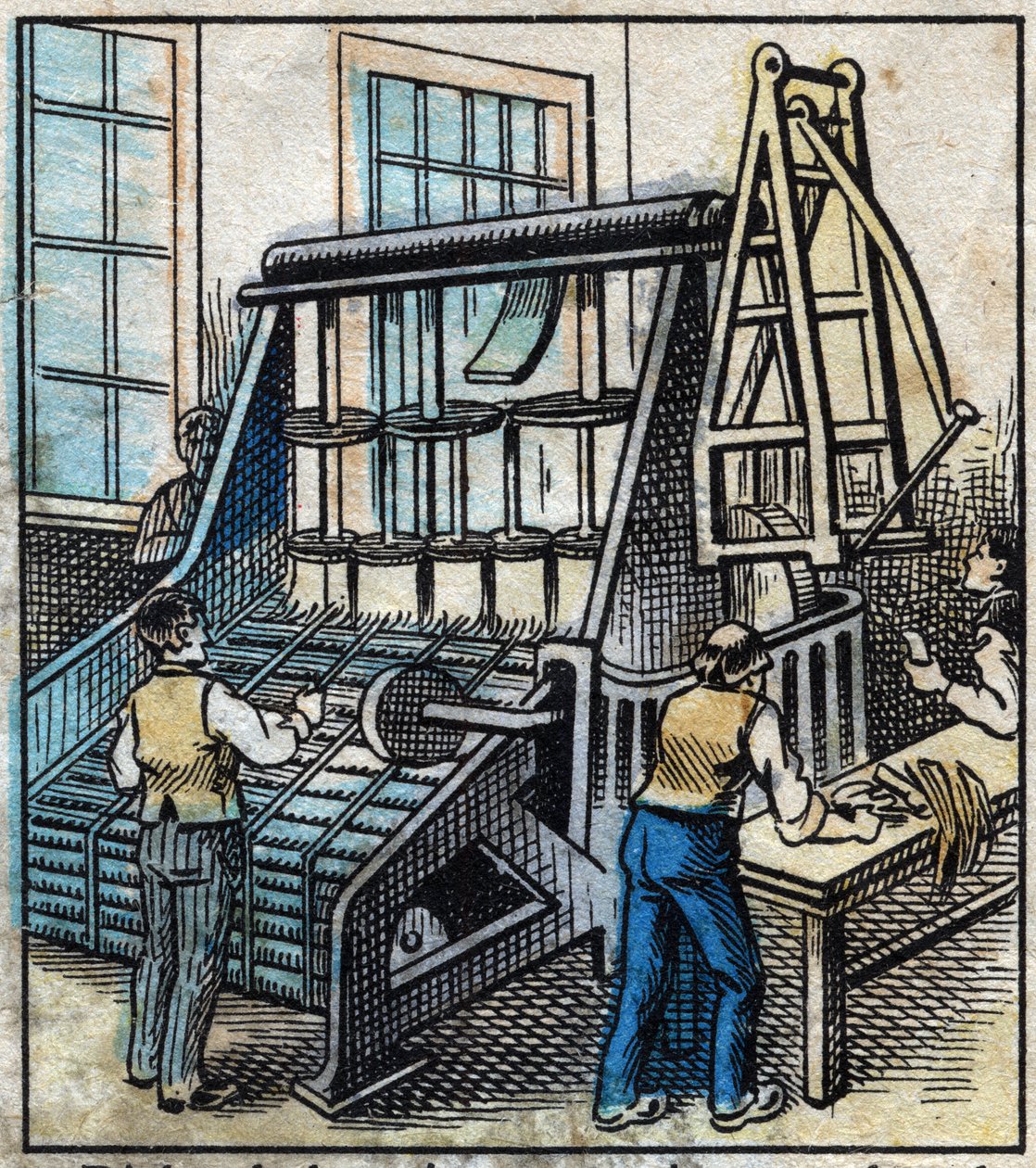 Textile, linen: the workshop. Comb to remove and smooth the linen yarn that will be transformed by the drawing into more and more thin ribbons. Engraving. Epinal imaging late 19th century. av French School