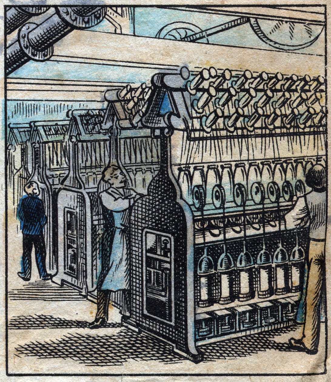 Textile, linen: the workshop. Transforming the ribbons into drills and then into threads using spinning metiers. Engraving. Epinal imaging late 19th century. av French School