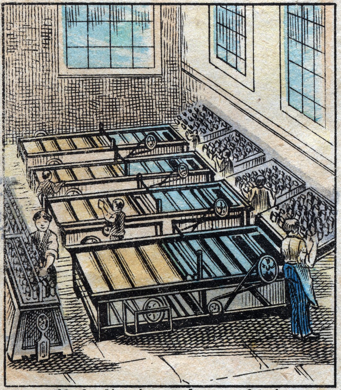 Textile, linen: workshop. Flax consists of several single yarns that are then dyed or bleached then ice and covered with beeswax to make it resistant and smooth. Engraving. Epinal imaging late 19th century. av French School