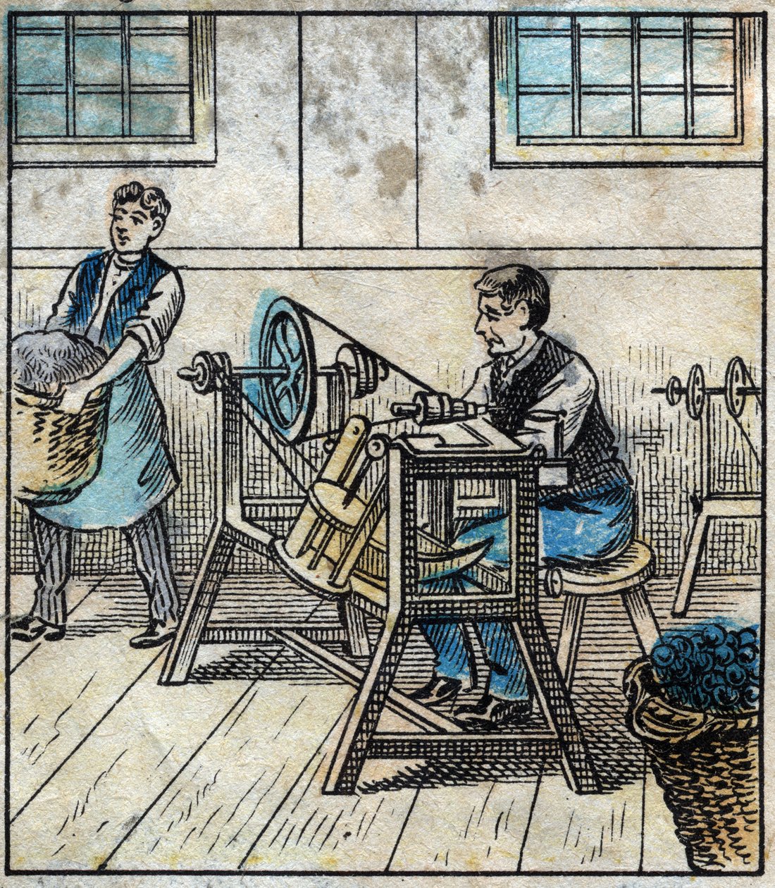 Tekstil, lin: verksted. Sytråden legges ut på kort eller ruller i en ball. Gravering. Epinal avbildning sent på 1800-tallet. av French School