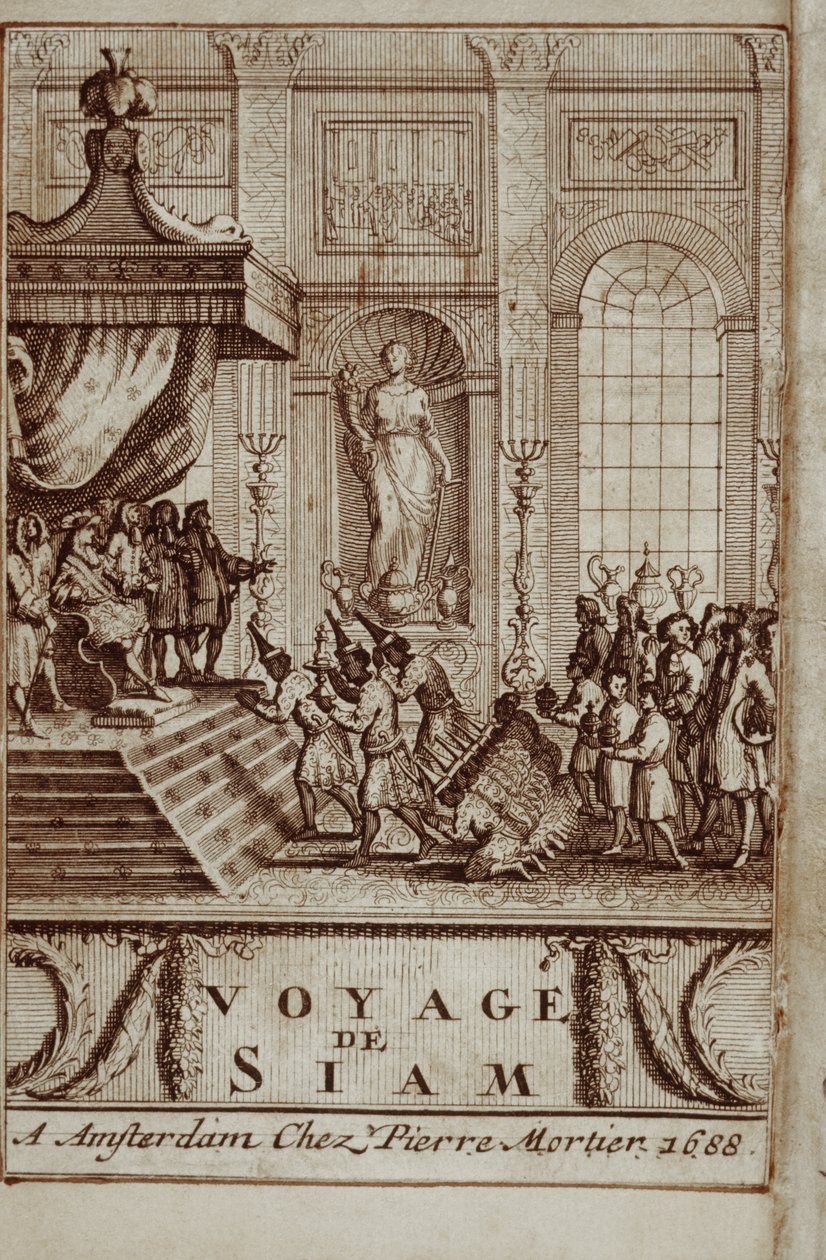 Thai ambassadører mottatt i Paris av Louis XIV, frontispice til Journey to Siam av Guy Tachard, 1688 av French School