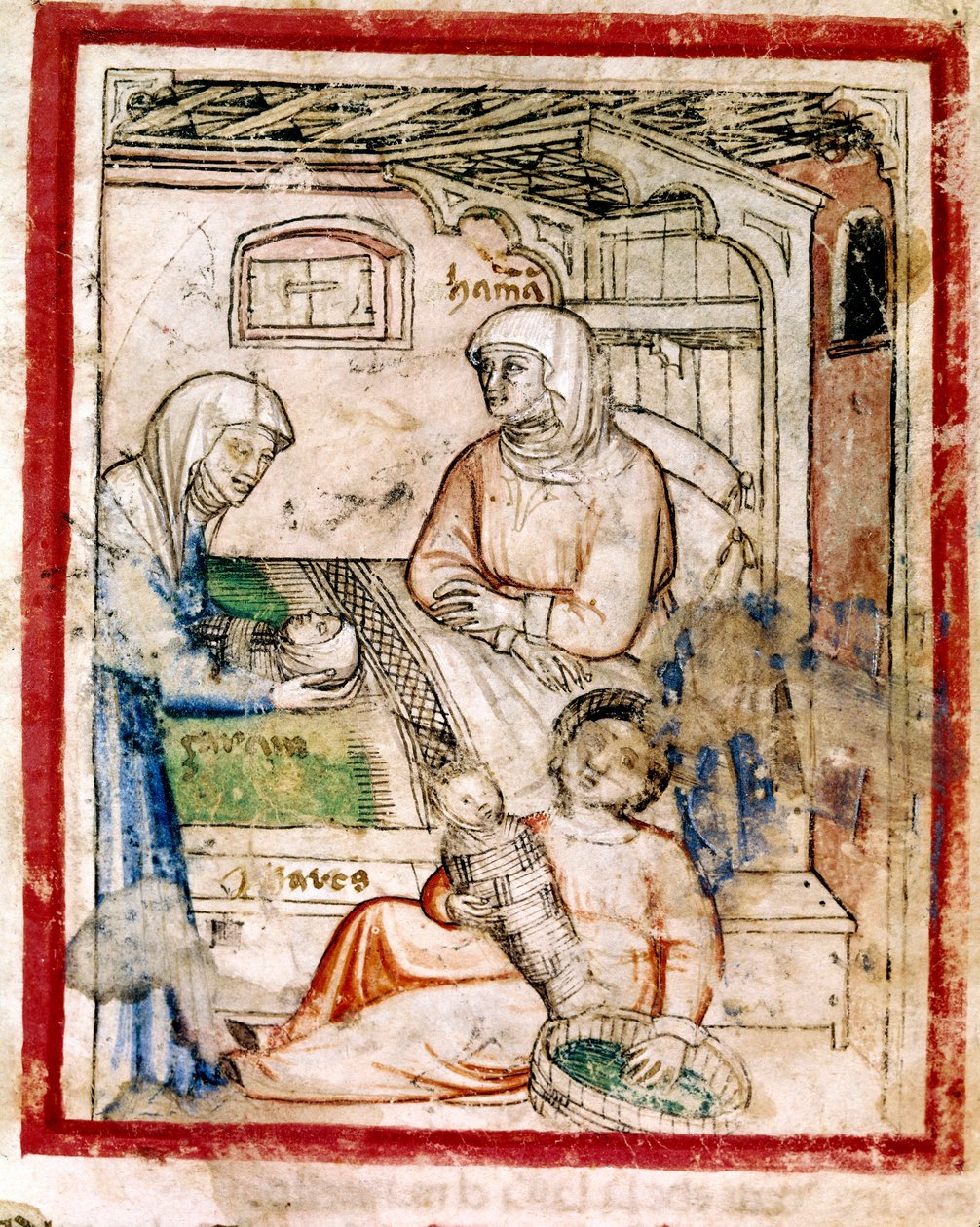 Thamar (Tamar) føder to tvillinger, Perets og Zerah, sønn av Juda, miniatyr fra codex 212 (eller padovano codice eller Bible of Padua) 1390-1400 av French School
