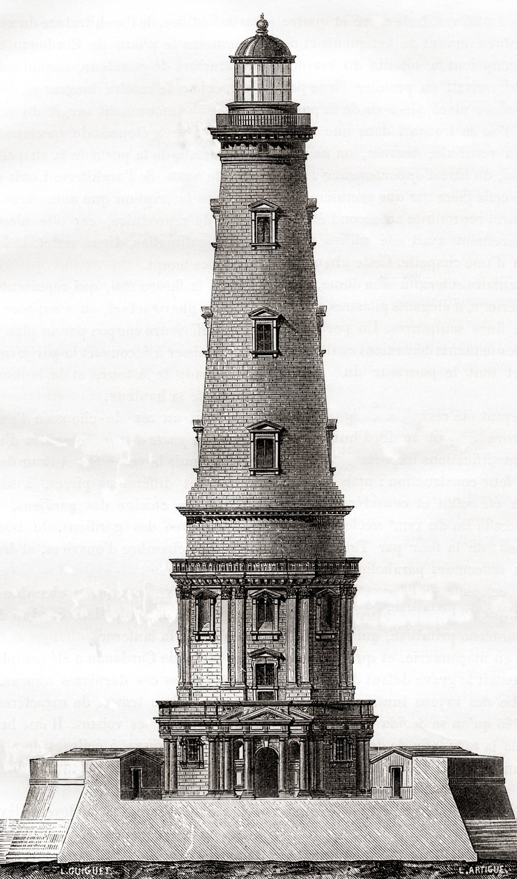 Cordouan-fyret fra 1600-tallet, nær munningen av Gironde-elvemunningen i Frankrike, sett her etter utvidelsen på 1700-tallet, fra Les Merveilles de la Science, publisert ca. 1870 (gravering) av French School