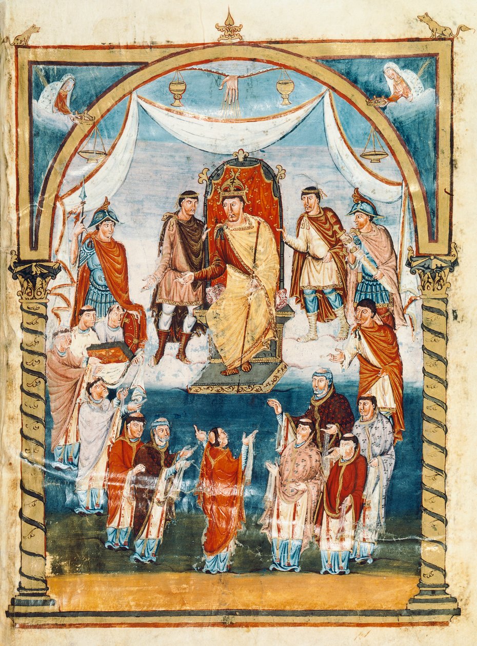 Abbeden Vivian omgitt av munker fra St. Martin av Tours som presenterer boken til Charles II den skallede, 9. århundre (miniatyr) av French School