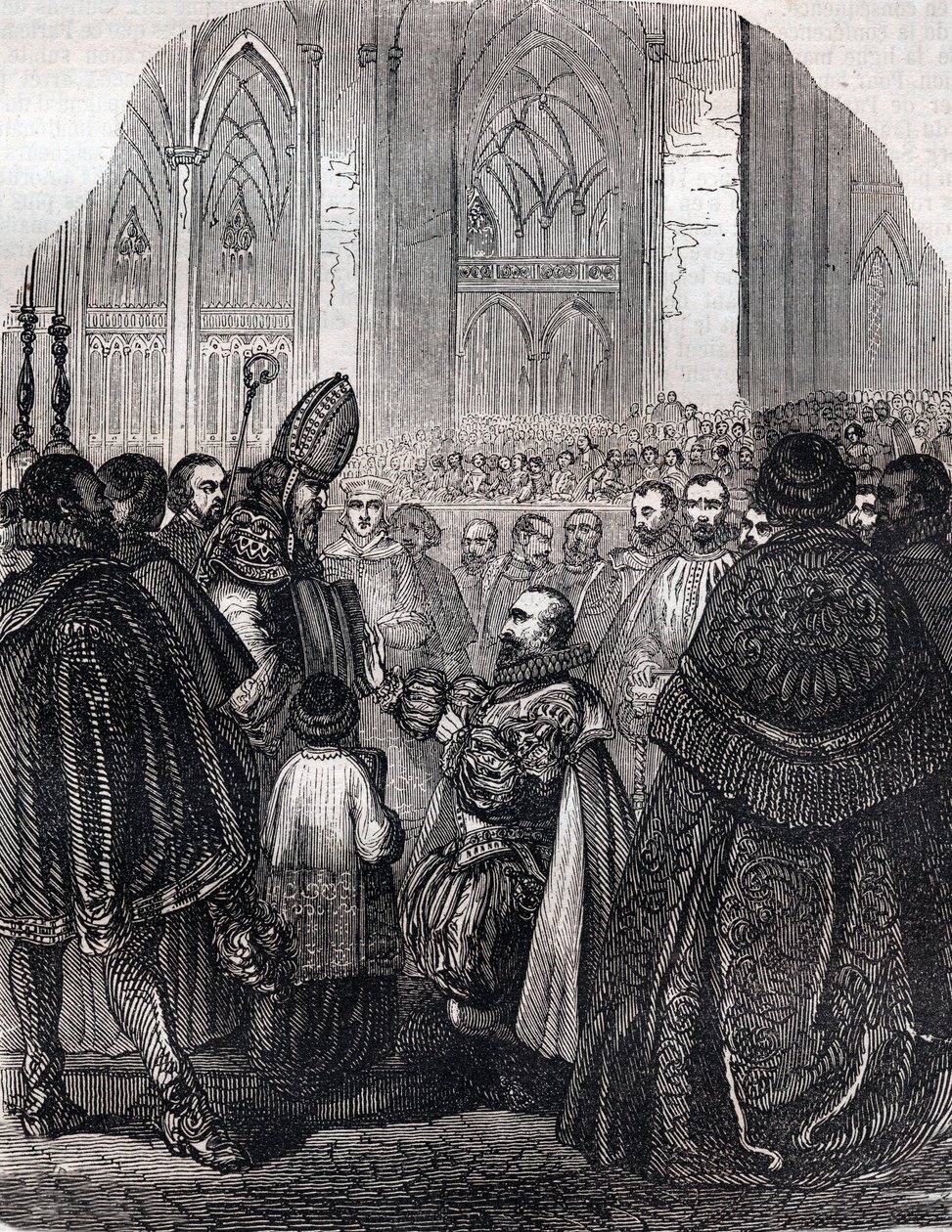 Abjuration av Henry IV, konge av Frankrike ved Saint Denis 25. juli av French School