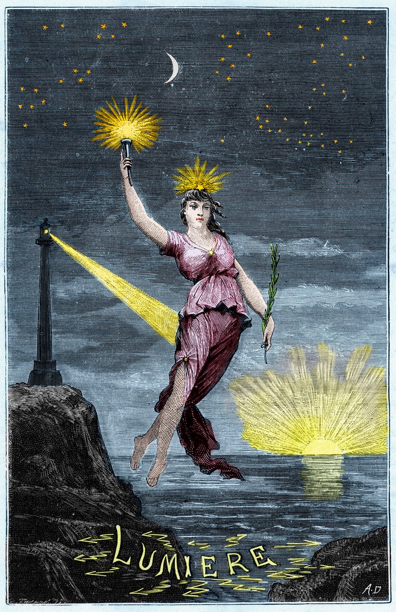 The Allegory of Light - Allegorie de la Lumiere - Gravering i "Vitenskaper gjort tilgjengelig for alle - fysikk og kjemi" av Alexis Clerc - Slutten av 1800-tallet - Privat samling av French School