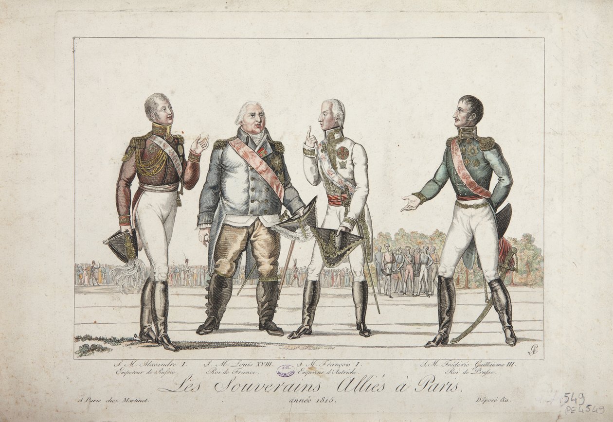 De allierte suverene i Paris, 1815, Alexander I, keiser av Russland, Louis XVIII, konge av Frankrike, Frans I, keiser av Østerrike og Frederick William III, konge av Preussen, utgitt av Martinet, 1815 av French School