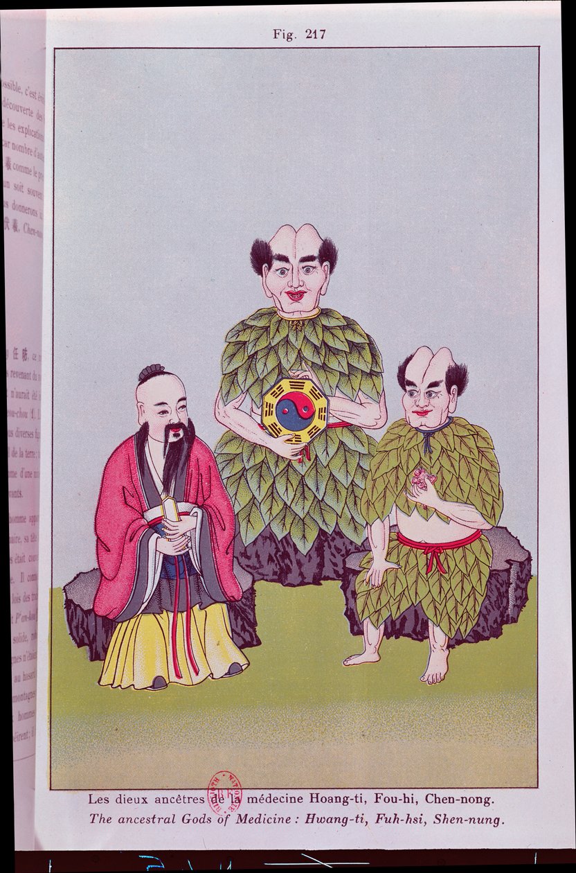 The Ancestral Gods of Medicine: Hwang-ti, Fuh-hsi holder Tai-ki, Shen-nung smaker på en medisinsk plante, illustrasjon etter populære kinesiske bilder (fargegravering) av French School
