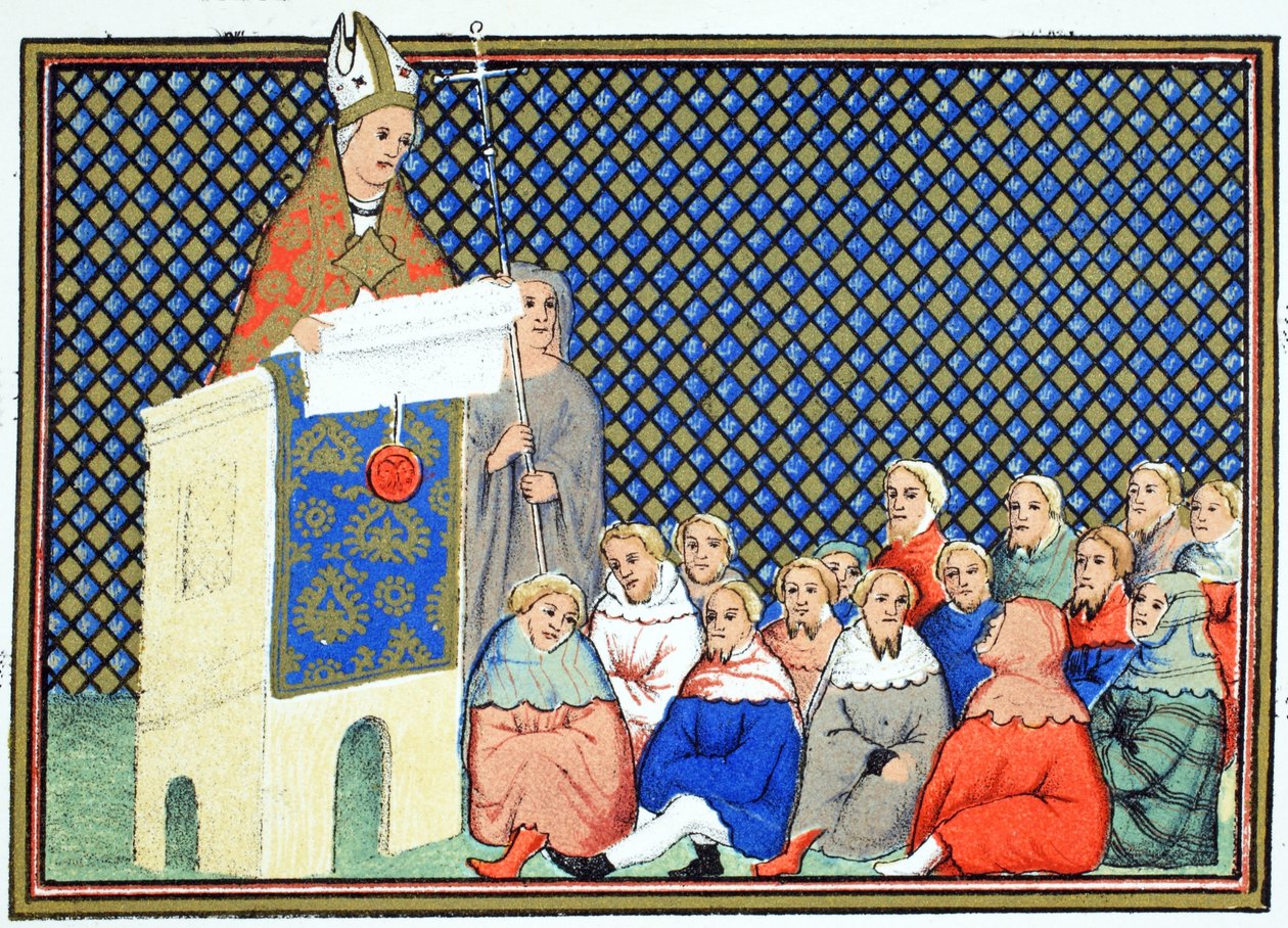 Erkebiskopen av Canterbury forkynner for den engelske adelen mot Richard II, faksimilekopi fra Le Prinse et Mort du Roy Richart av Jean Creton, gjengitt 1800-tallet av French School