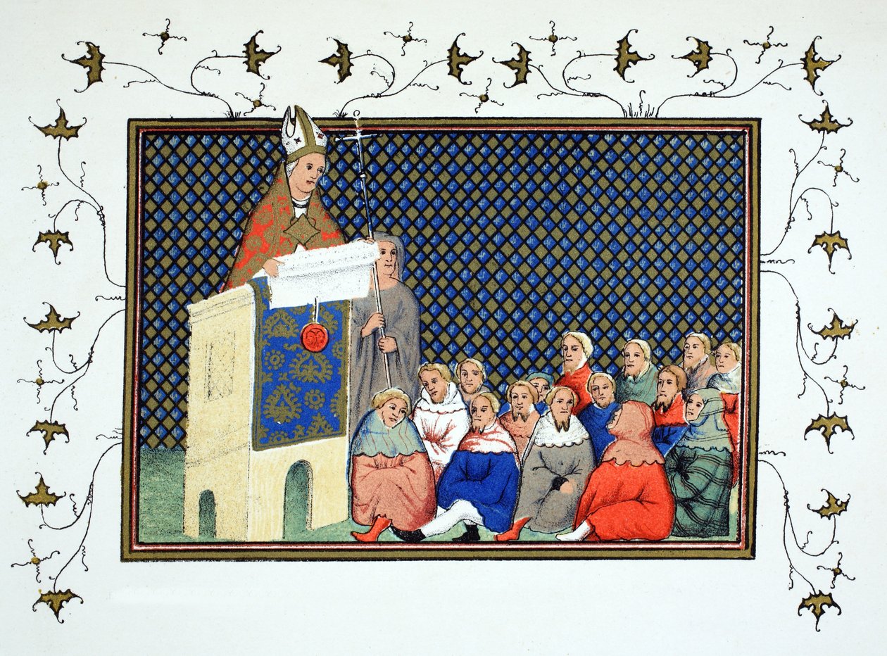 Erkebiskopen av Canterbury forkynner for den engelske adelen mot Richard II, faksimilekopi fra Le Prinse et Mort du Roy Richart av Jean Creton, gjengitt 1800-tallet av French School