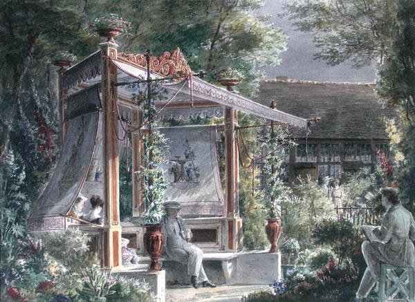 Arkitekten Jacques Ignace Hittorff (1792-1867) i hagen hans i Paris (gouache på papir) av French School